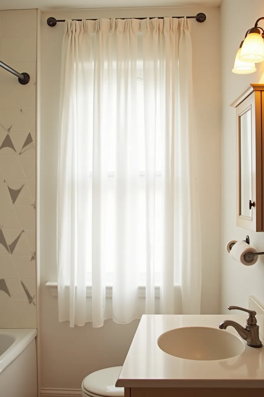 Bathroom with soft geometric triangle peel-and-stick wallpaper, plastic shower curtain rod, and medicine cabinet mirror.