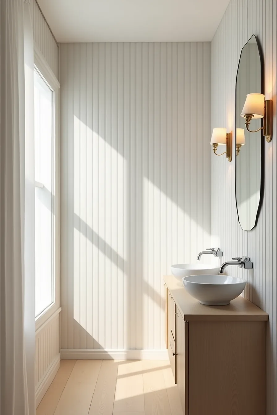 Double round sink basins with chrome faucets beneath vertical gray and white striped wallpaper extending to ceiling.
