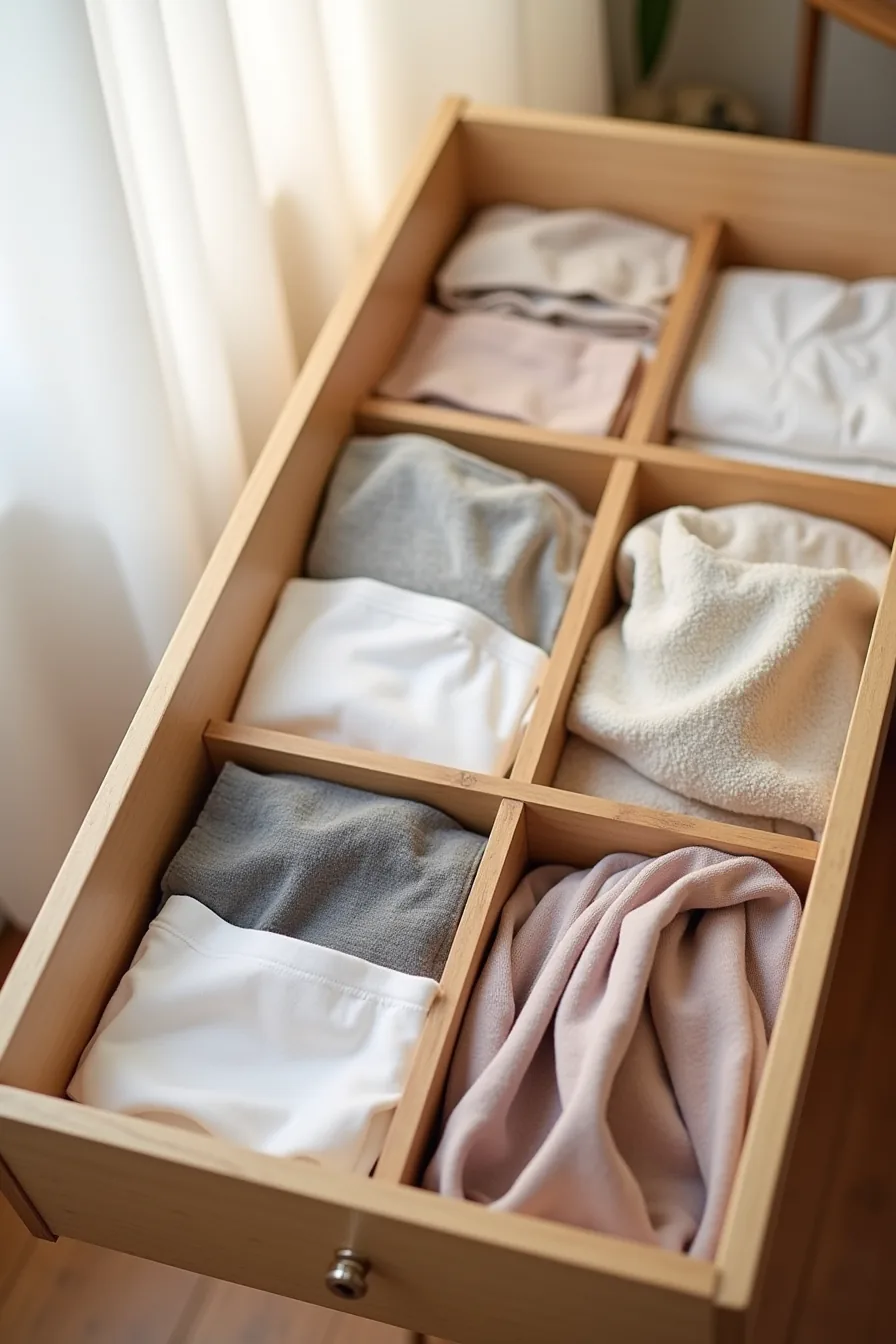 Wooden drawer with six plastic-divided compartments containing organized socks, undergarments, t-shirts, leggings, scarves