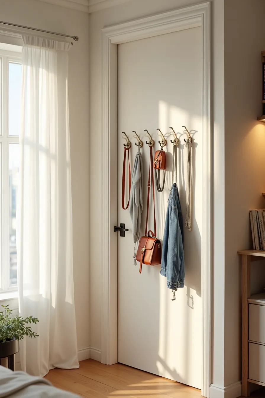Closet door and side wall fitted with hooks holding belts, scarves, bags, and a denim jacket.
