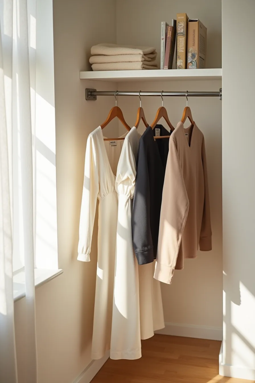Closet with two stacked metal rods—upper rod for long coats and dresses, lower rod for shirts and jackets.