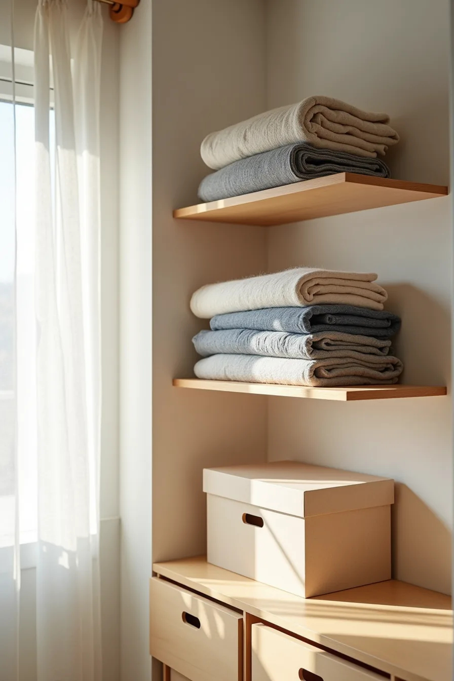 Three wooden floating shelves in closet displaying folded sweaters, jeans, and storage boxes.