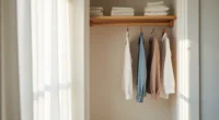 White closet with one wooden rod holding various clothes and empty wall space above.