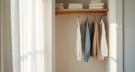 White closet with one wooden rod holding various clothes and empty wall space above.