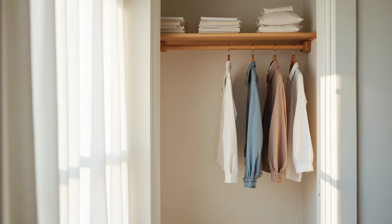 White closet with one wooden rod holding various clothes and empty wall space above.