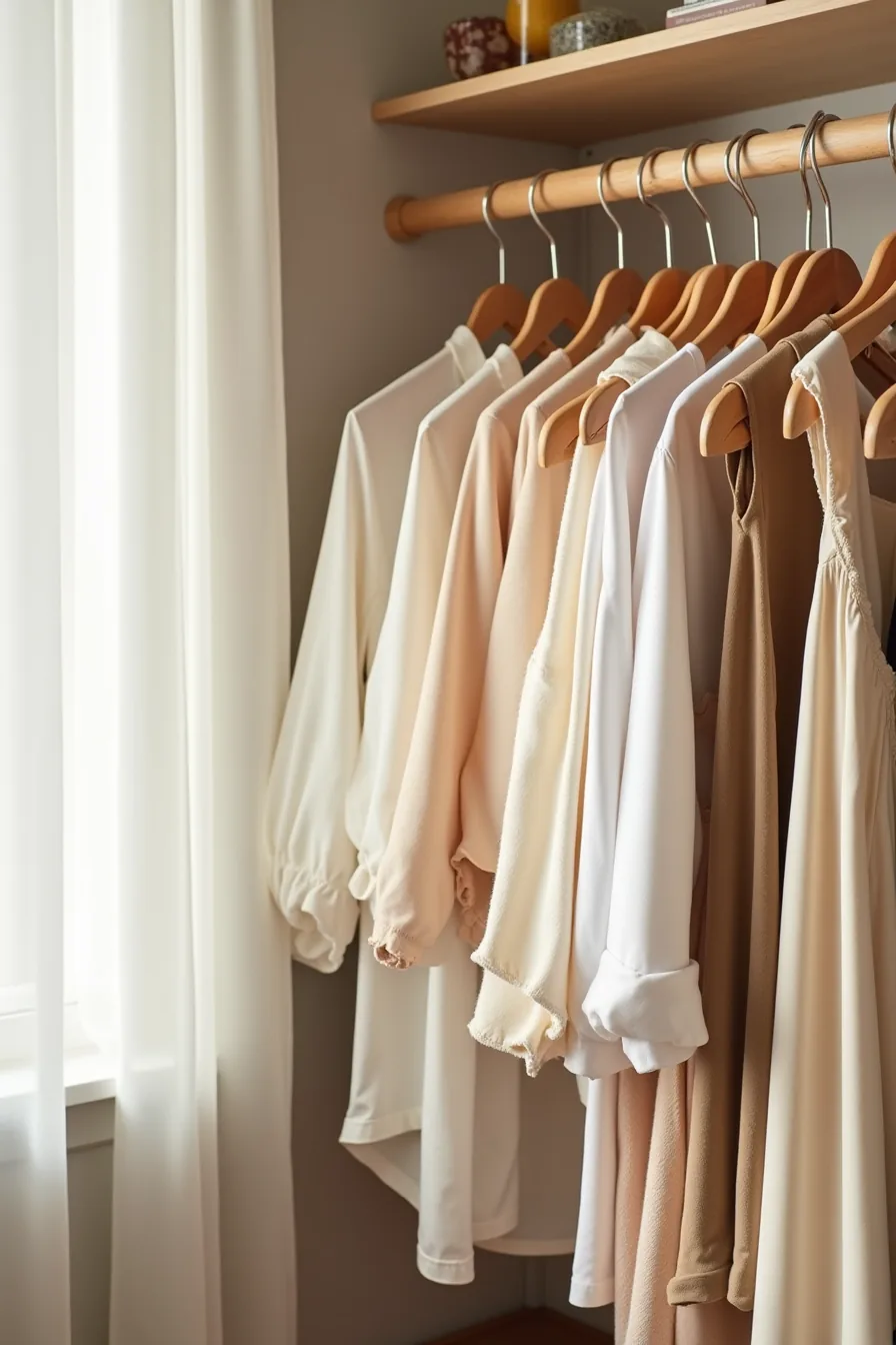 Closet rod displaying slim velvet hangers with blouses and dresses next to stacked cascading clip hangers holding pants and