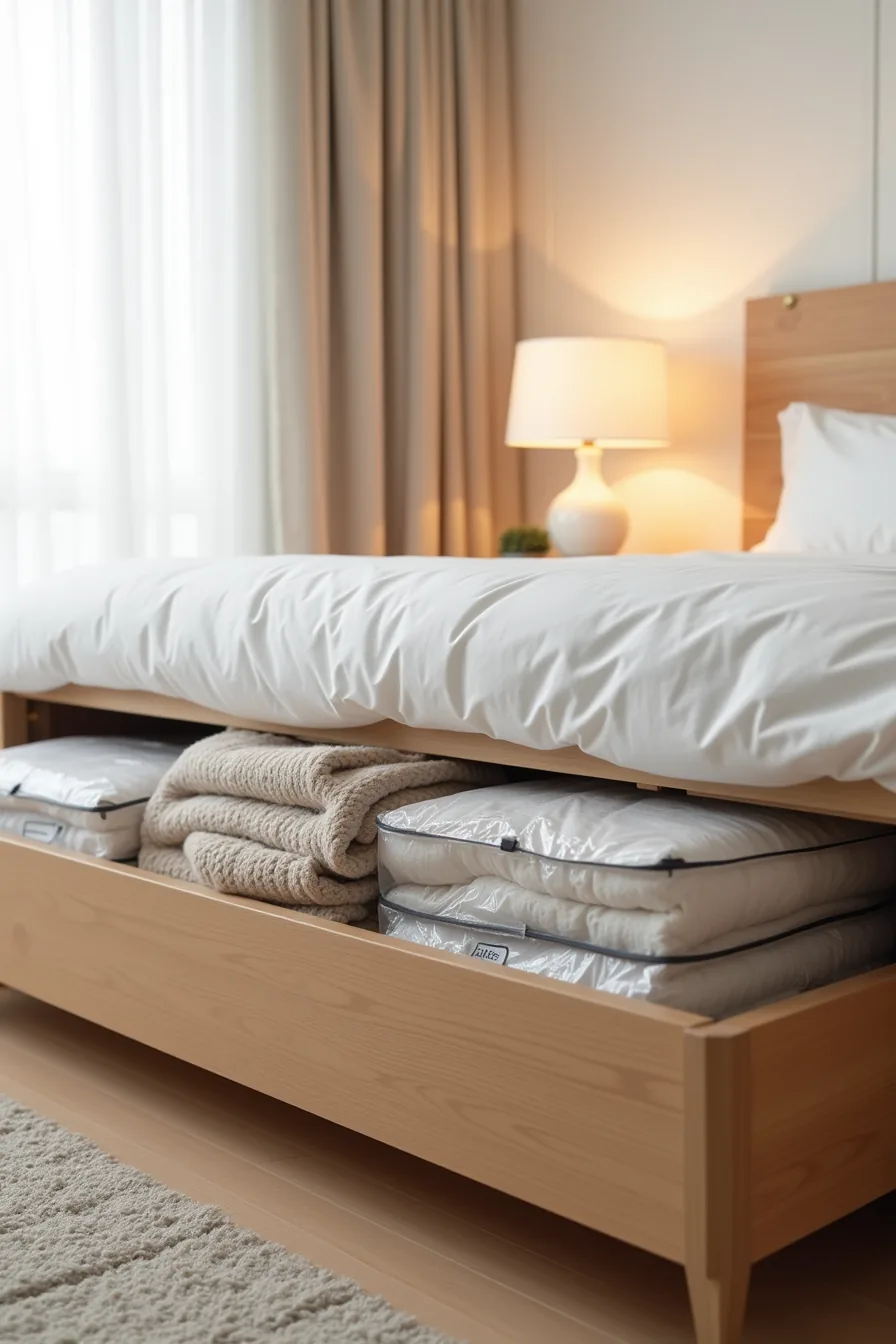 Three labeled vacuum-seal storage bags under bed containing folded winter coats and seasonal clothing.