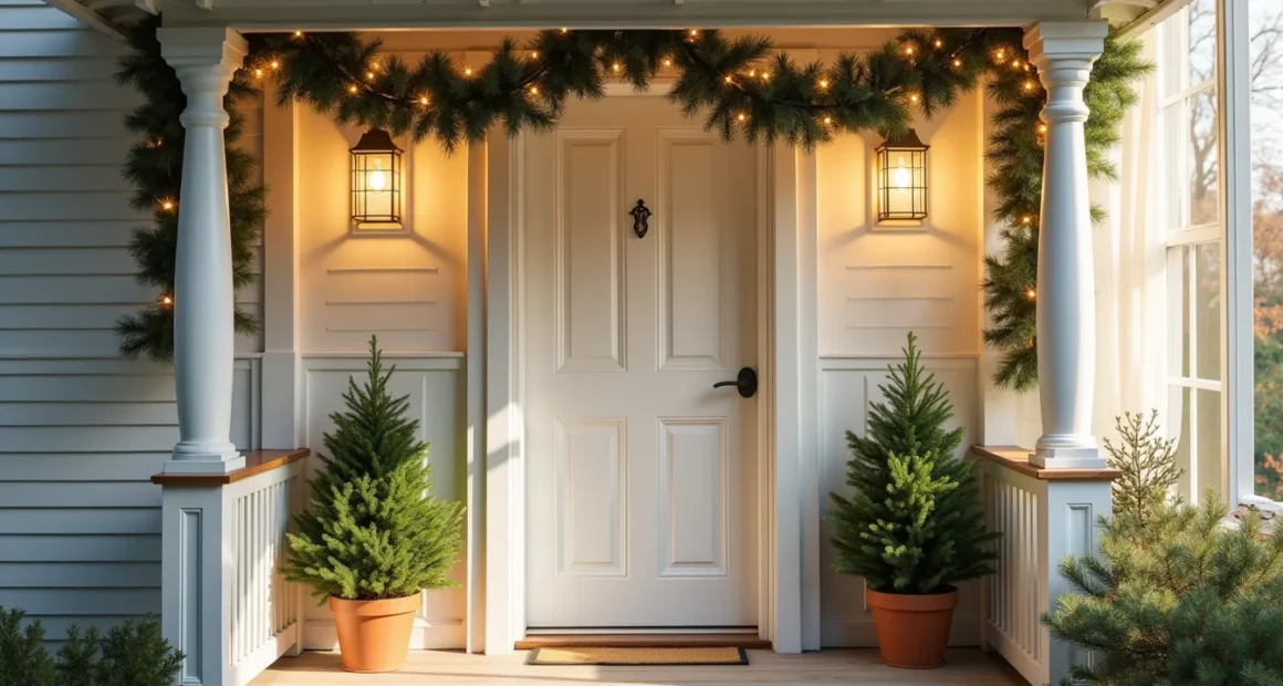 Front porch entrance with spiral evergreen garland on wooden railing, white lights, and potted evergreens flanking the door.