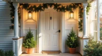 Front porch entrance with spiral evergreen garland on wooden railing, white lights, and potted evergreens flanking the door.