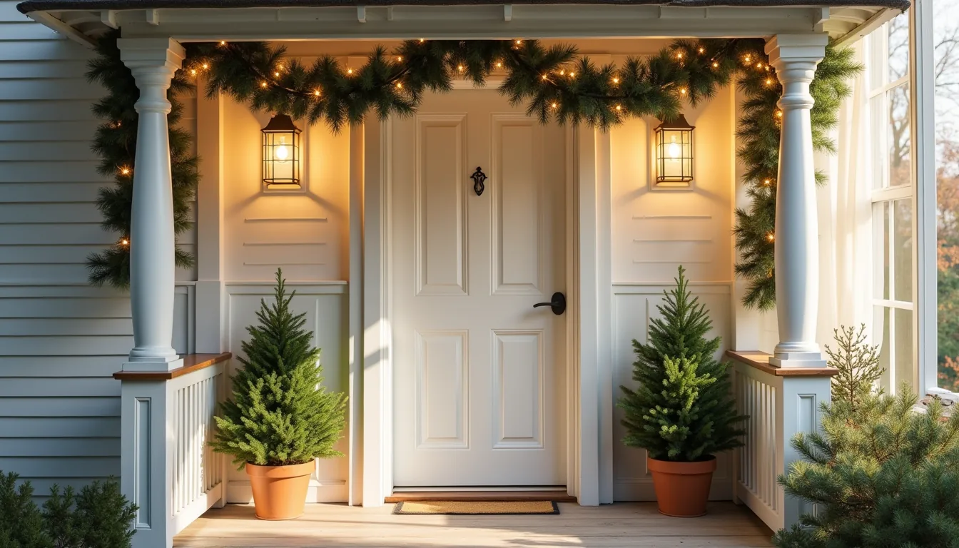 Front porch entrance with spiral evergreen garland on wooden railing, white lights, and potted evergreens flanking the door.