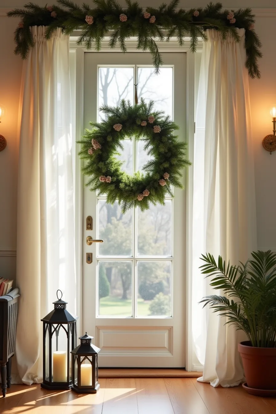 Front door decorated with a centered wreath, garland swag above, and threshold lanterns with candles.