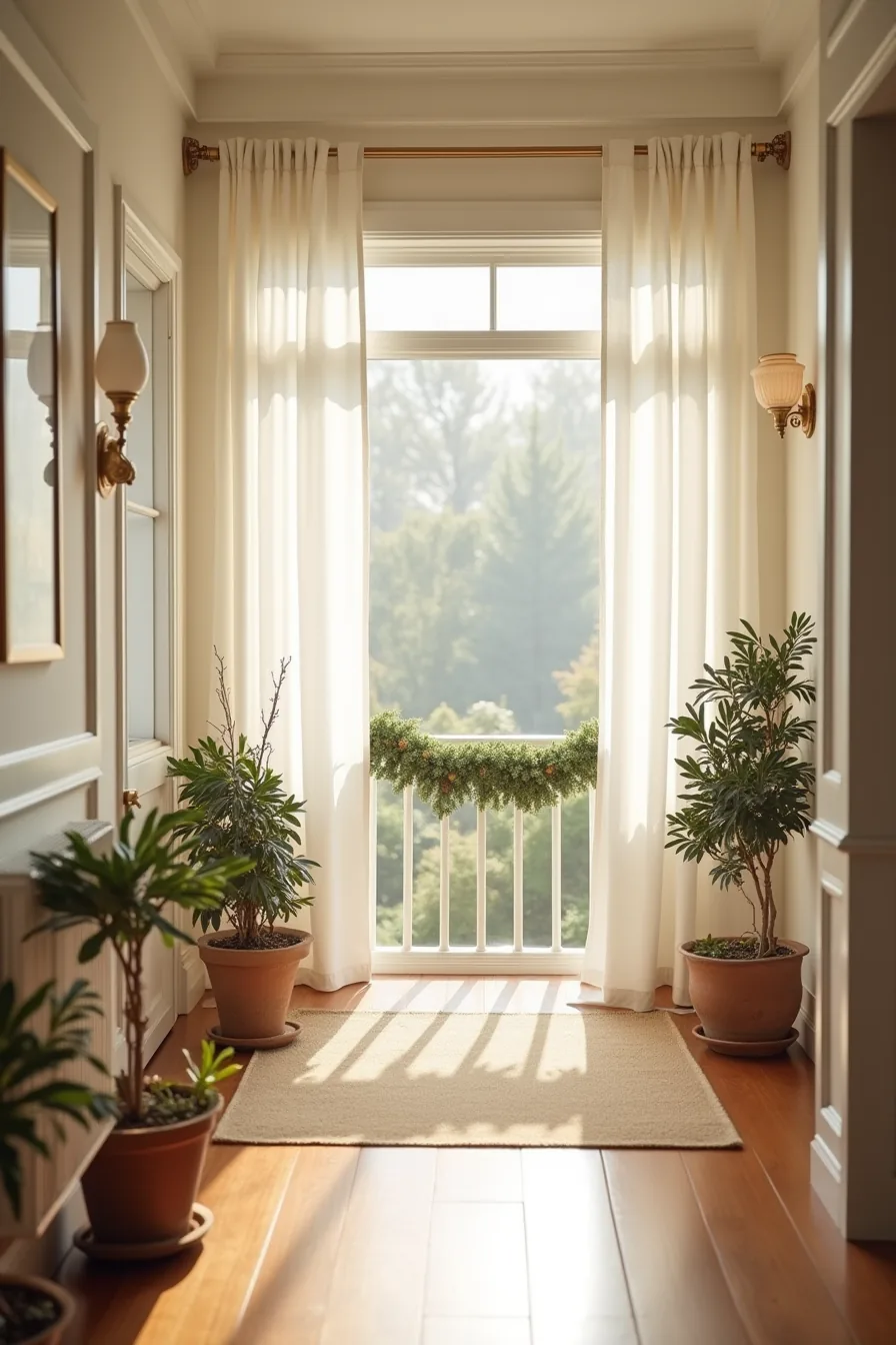 Overhead view of porch layout showing railing garland, corner containers, overhead lights, and clear walkway.