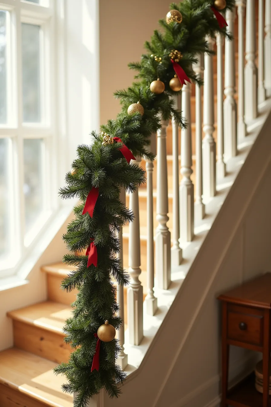 Staircase railing decorated with deep green garland, red ribbon, and small gold ornaments spaced along its length.