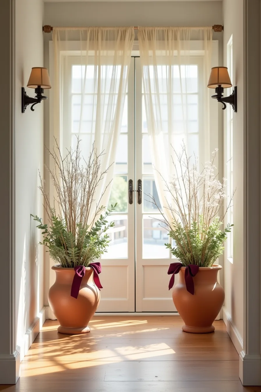 Two matching terracotta urns on a porch filled with white branches, burgundy ribbon, and mixed greenery.