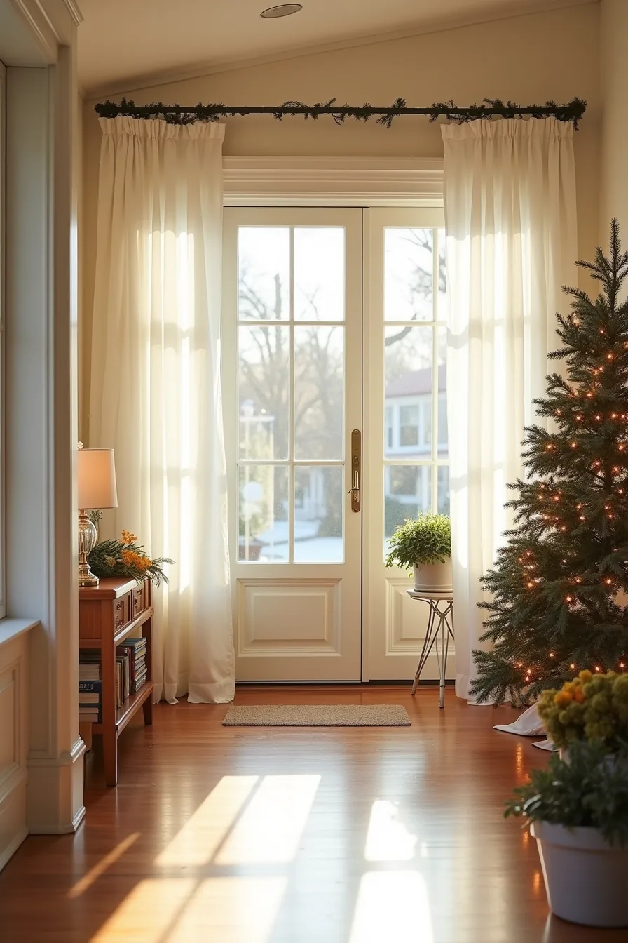 Three porch decoration options: battery lights with paper garland, removable containers, and wrought-iron planters with