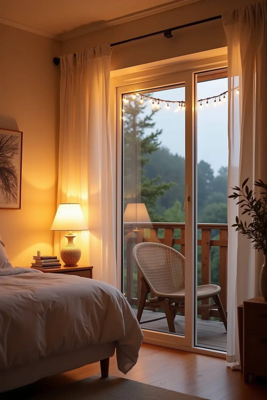 Small porch at twilight with warm string lights draped overhead and wrapped around a support post.
