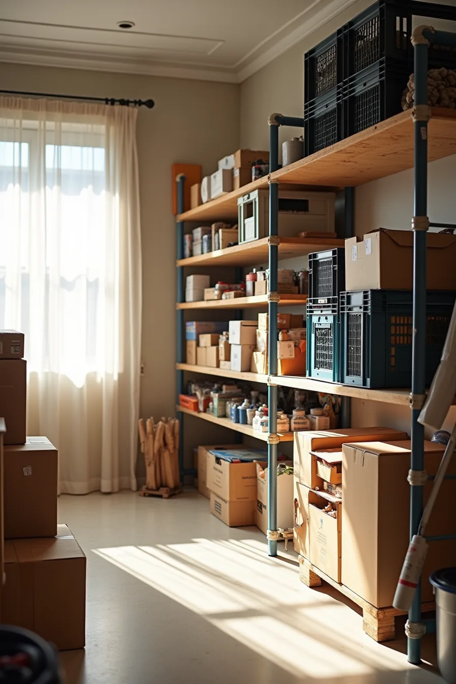 Narrow wall packed with stacked plastic crates, wooden pallet shelving, PVC pipe tool organizer, and cardboard boxes.