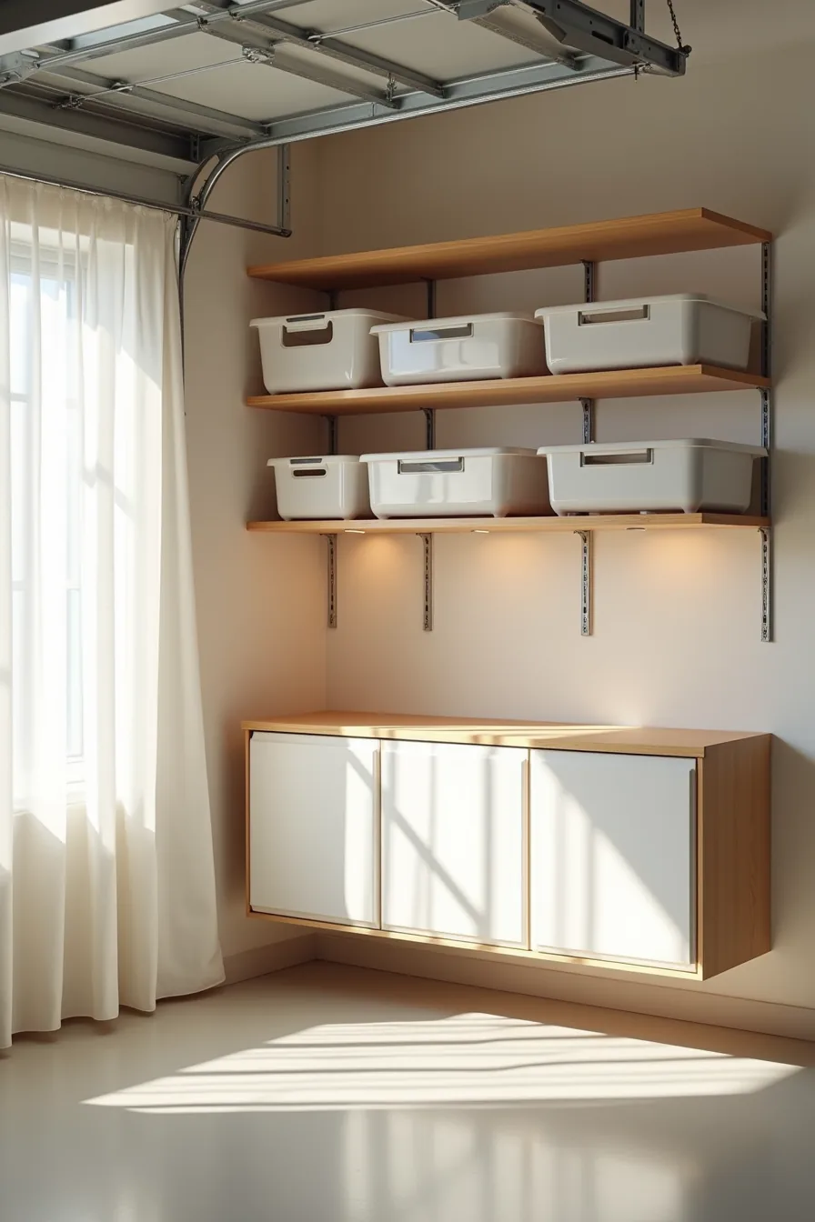 Garage corner with ceiling-mounted pulley rack holding stacked plastic bins above and wall-mounted closed cabinet below.