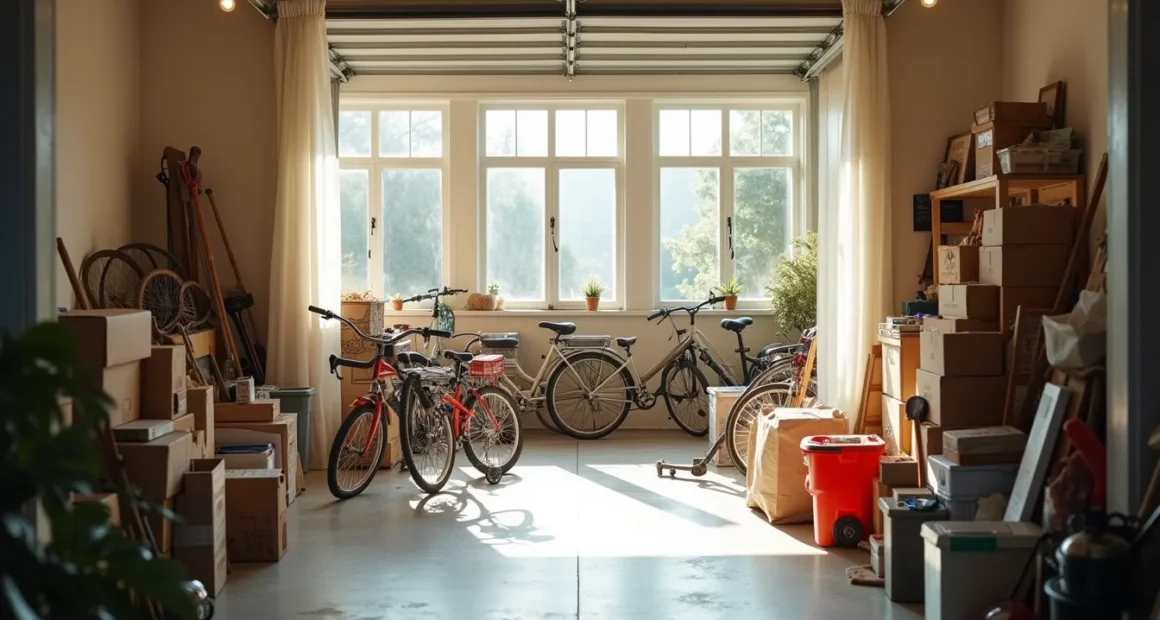 Garage floor packed with randomly scattered bicycle, boxes, bins, tools, and sports gear viewed from the doorway.