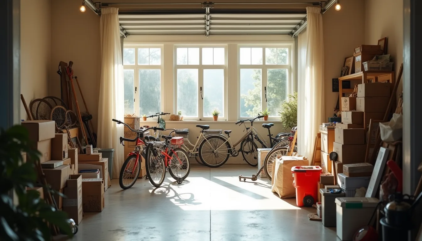 Garage floor packed with randomly scattered bicycle, boxes, bins, tools, and sports gear viewed from the doorway.