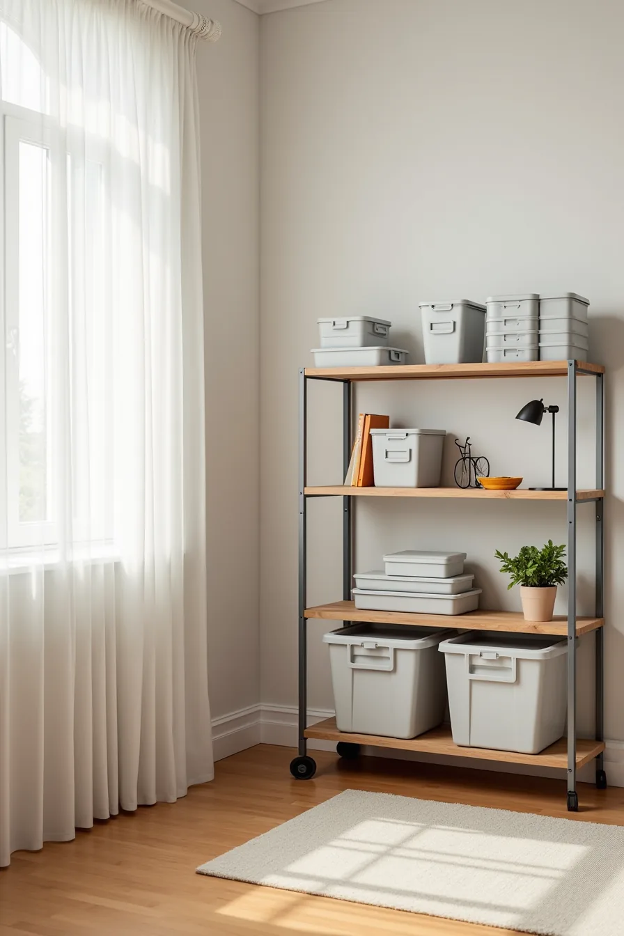 Metal shelving unit with plastic containers next to a portable rolling tool chest in garage corner.