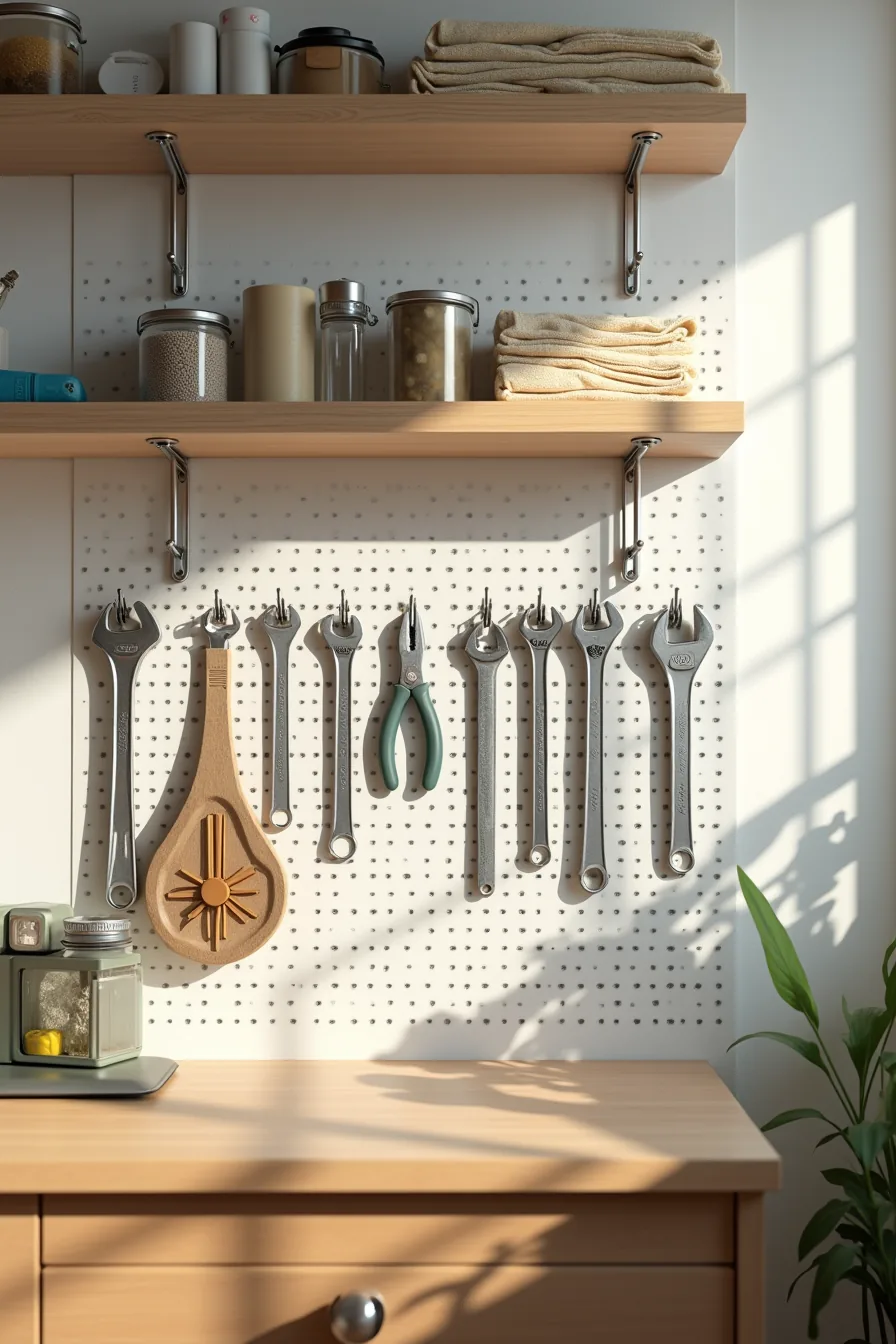 Pegboard wall with hooks holding wrenches, pliers, and measuring tape, with shelves above storing rags and containers.