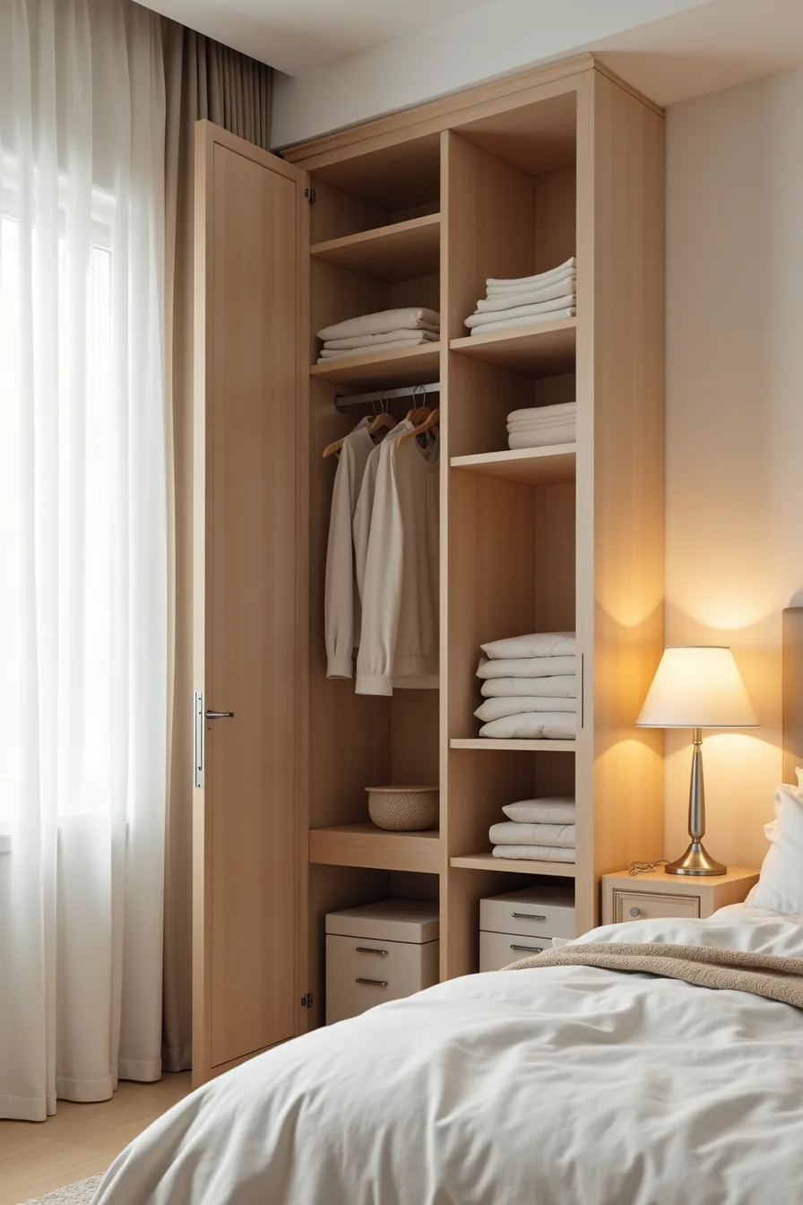 Open closet displaying interior shelving, hanging rods, and stacked storage containers below bed.