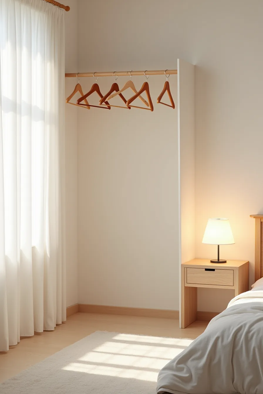 Sparse bedroom with nightstand, lamp, empty closet rod with hangers, and bare floor.