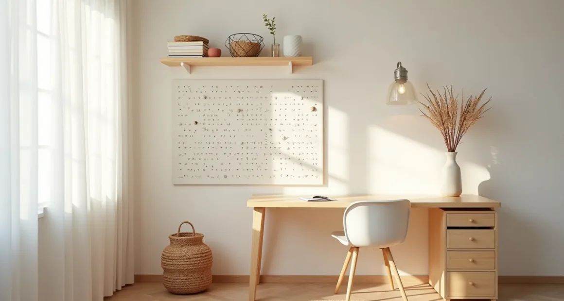 Pegboard with baskets and floating shelf above desk in small studio corner.