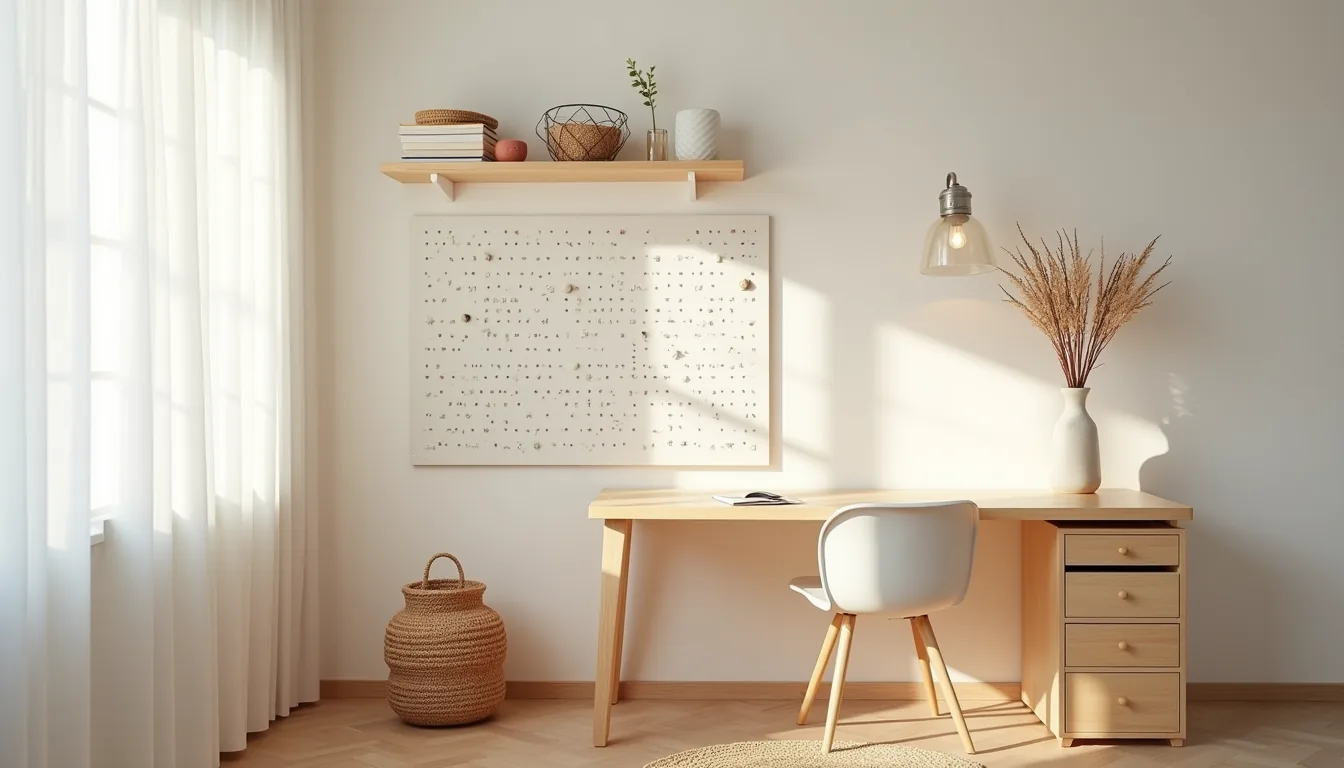 Pegboard with baskets and floating shelf above desk in small studio corner.