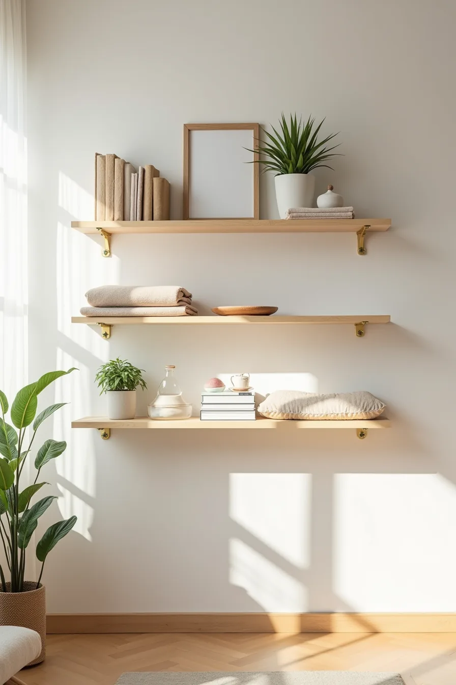 Three wooden shelves at eye level displaying folded textiles, plants, and framed items on wall.