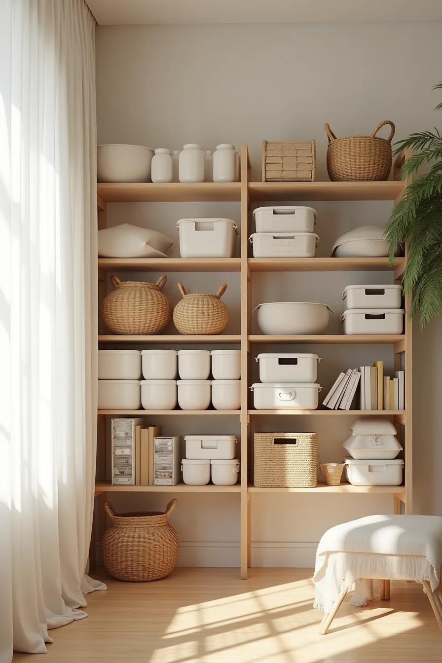 Shelving unit organized with woven baskets, plastic bins, and clear containers by size.
