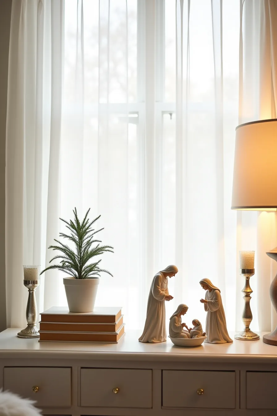 A console table displays a ceramic nativity set, mercury glass candleholders, and a small potted evergreen arranged with