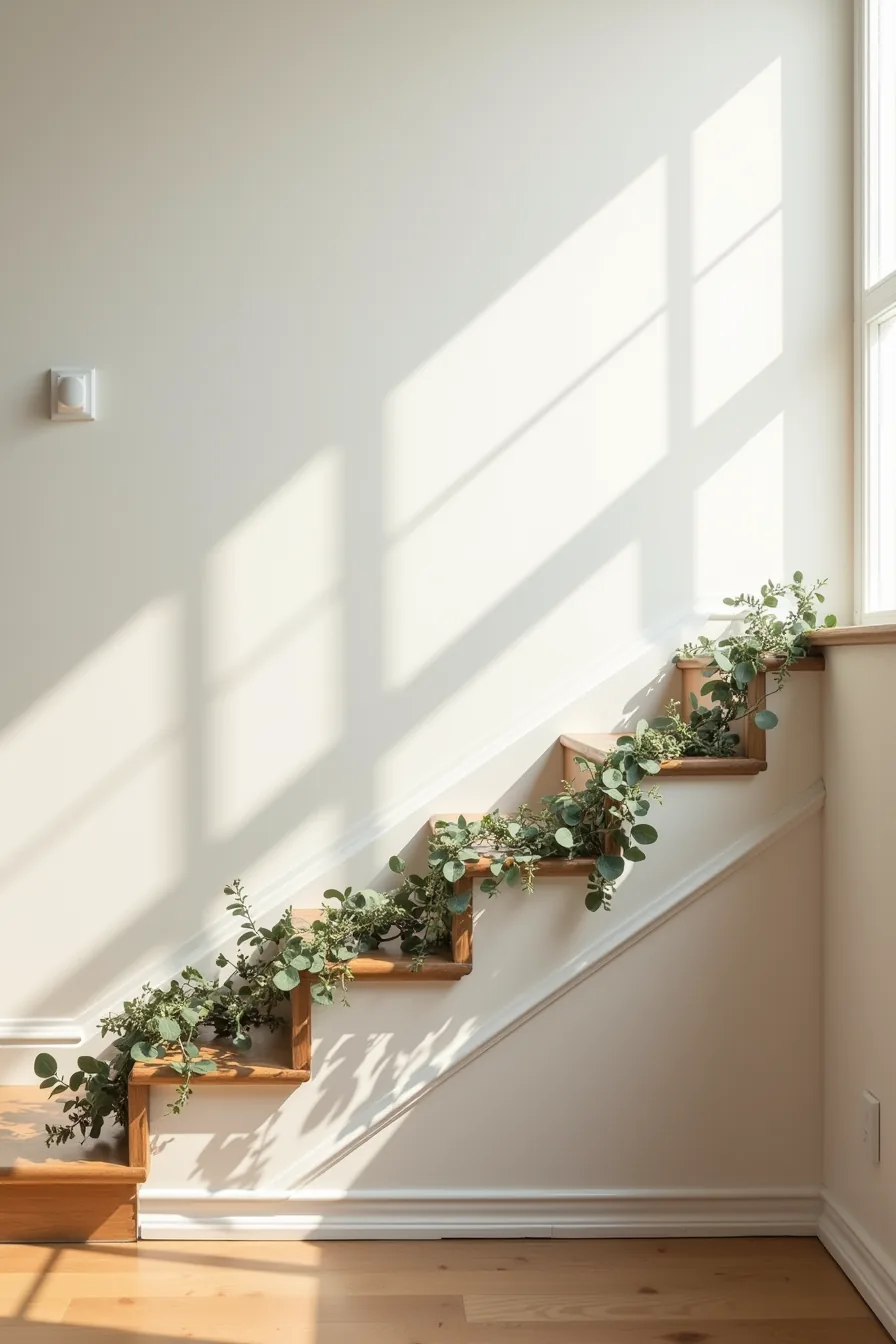 Eucalyptus and berry garland drapes horizontally across a staircase wall between two anchor points.
