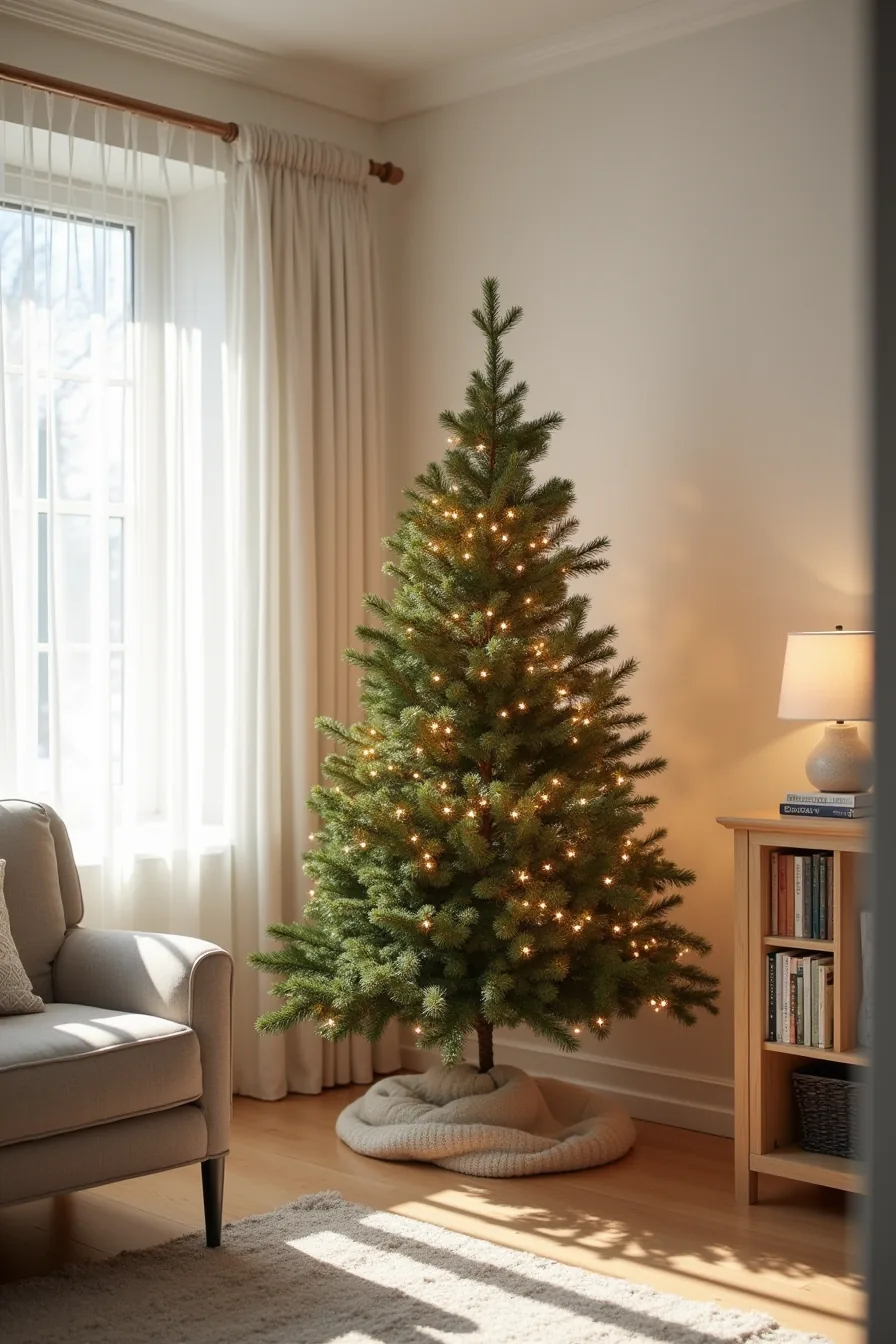 An overhead view of a narrow-base Fraser fir tree with gold and white lights positioned in a corner beneath high ceilings.
