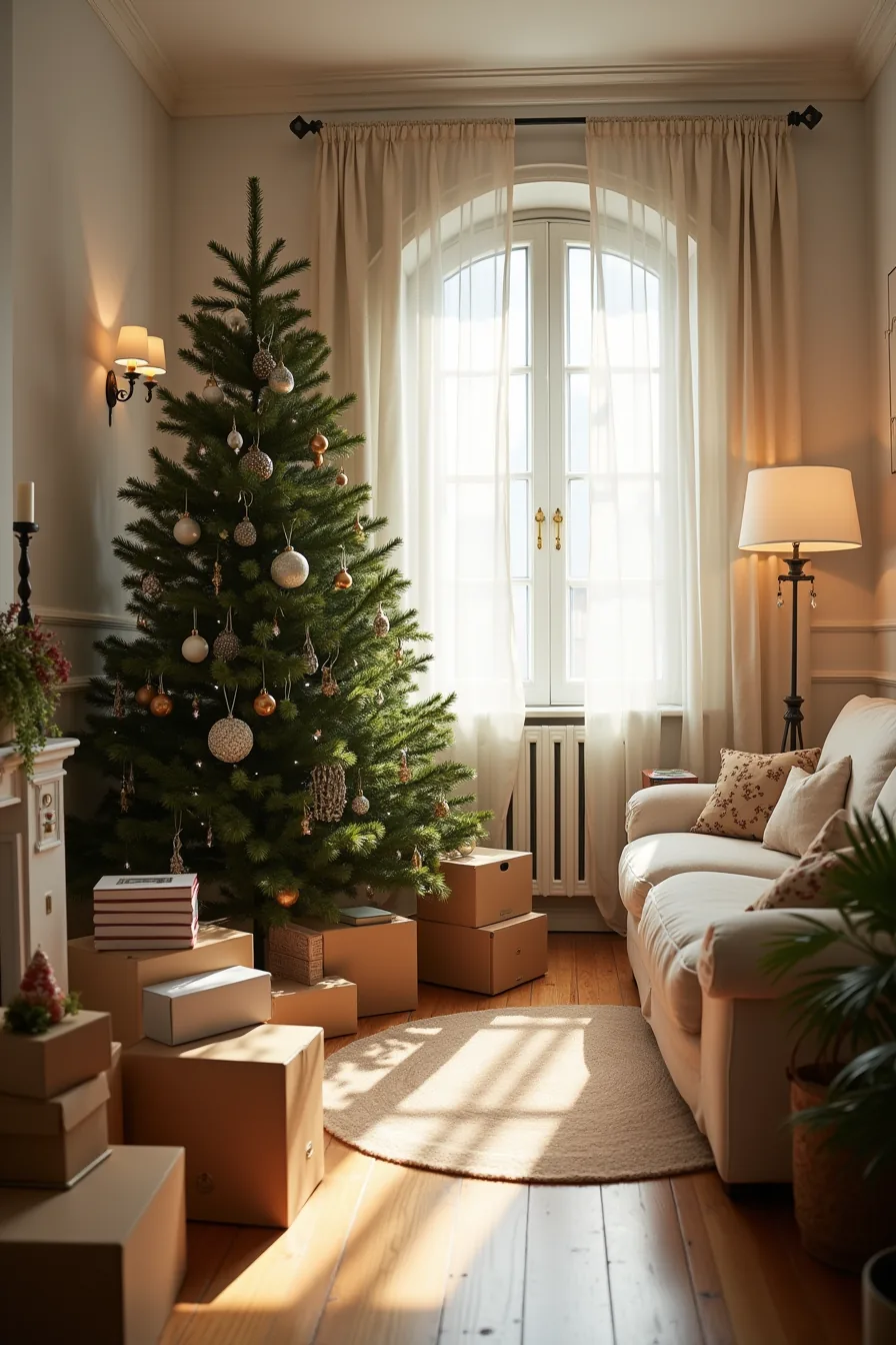 An oversized Christmas tree blocks the doorway while dense wall garland and scattered decoration boxes create a cramped