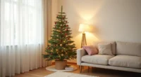 A tall pencil spruce tree with warm white lights and red ornaments stands in a corner against hardwood flooring.