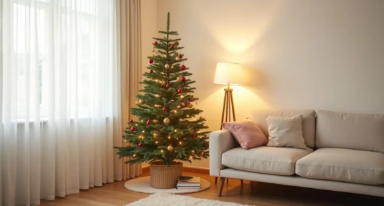 A tall pencil spruce tree with warm white lights and red ornaments stands in a corner against hardwood flooring.