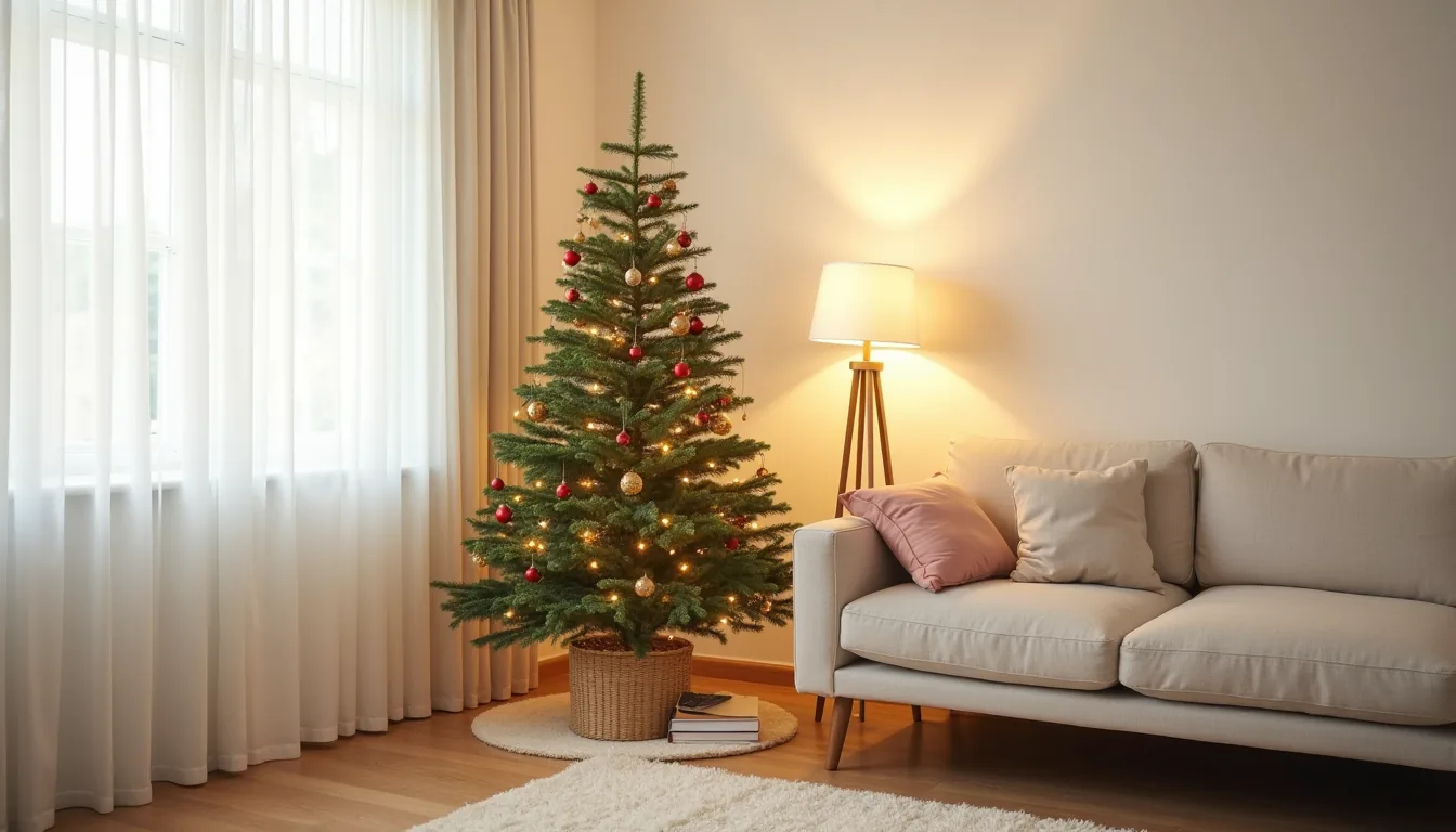 A tall pencil spruce tree with warm white lights and red ornaments stands in a corner against hardwood flooring.