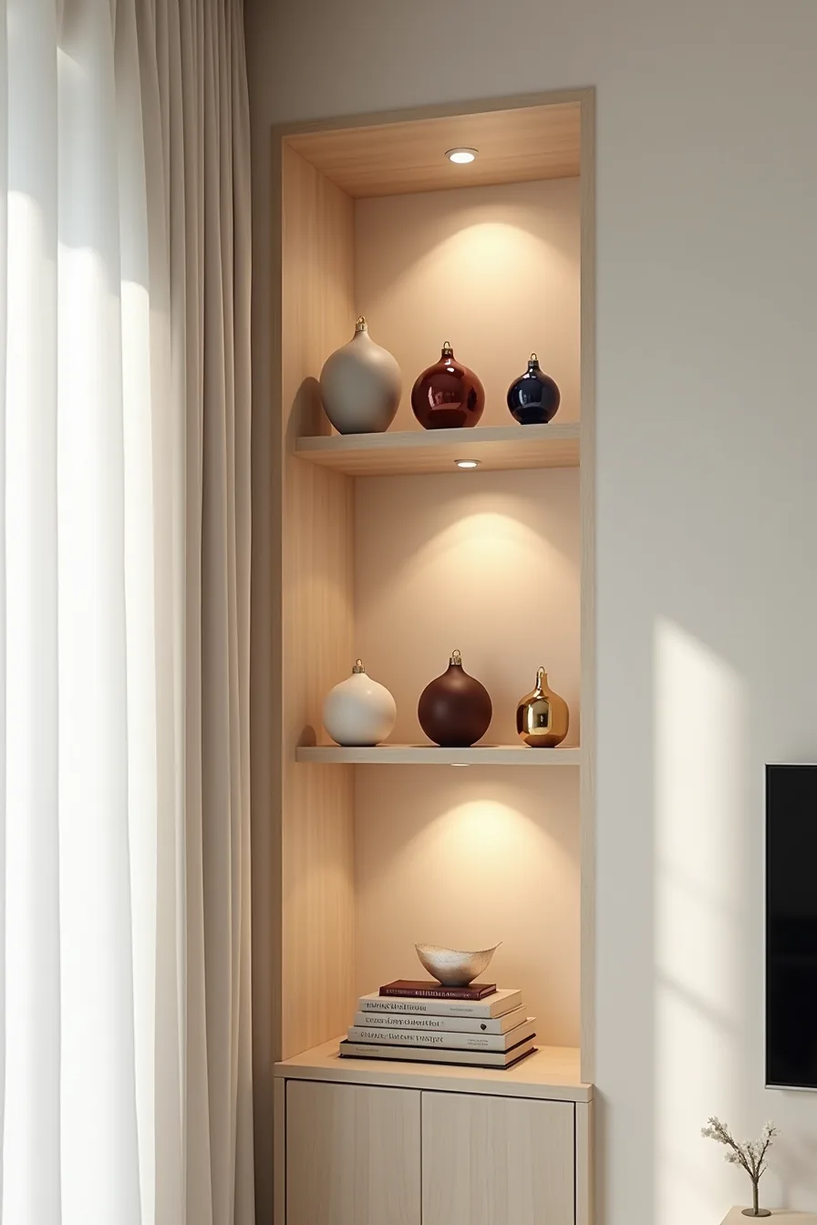 Three shelves display ornaments in distinct color schemes: jewel tones on top, white and silver in the middle, cream and