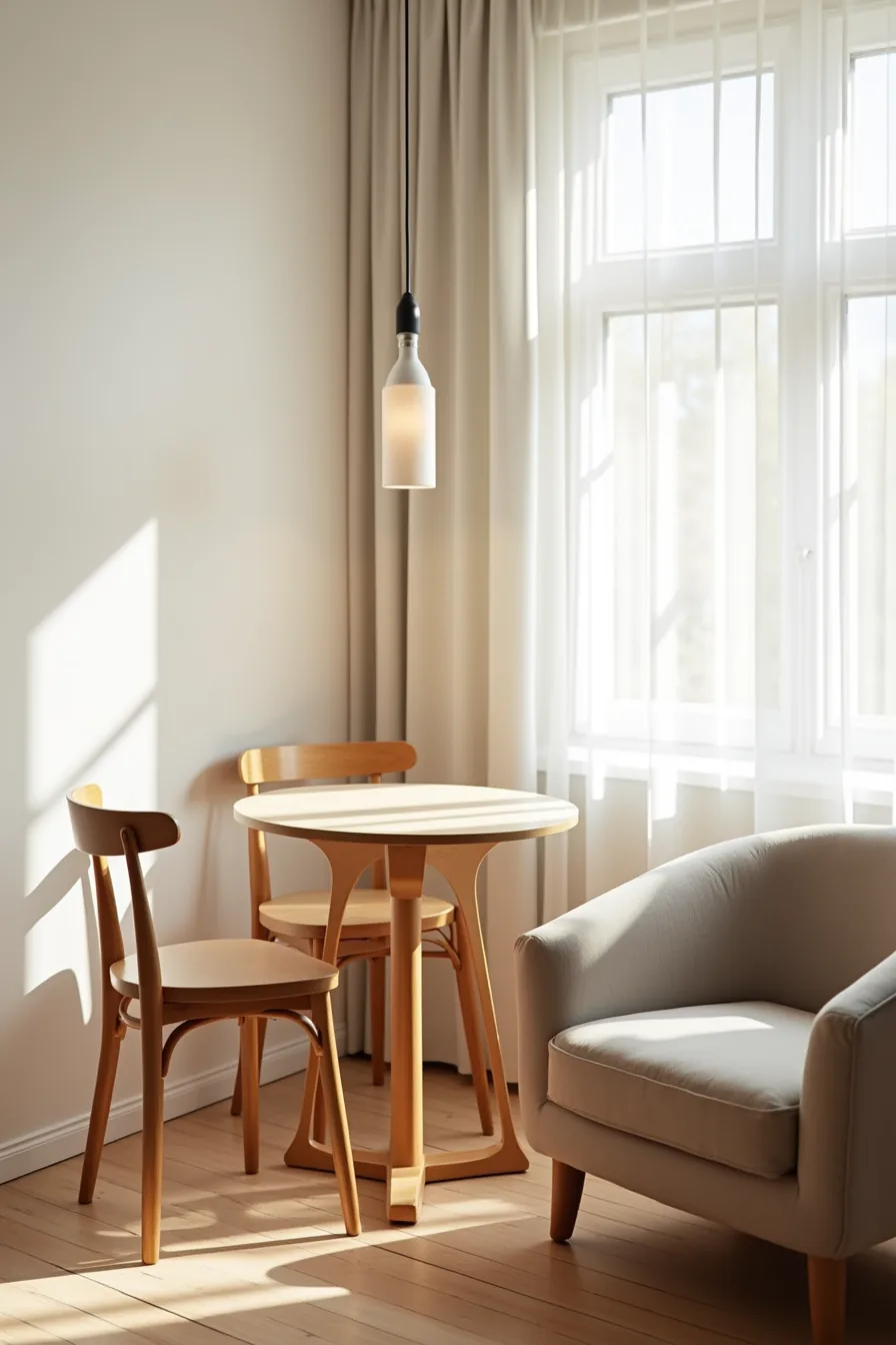 Compact round table with three slim chairs positioned beside a low armchair in a tight corner space with clear walking paths.