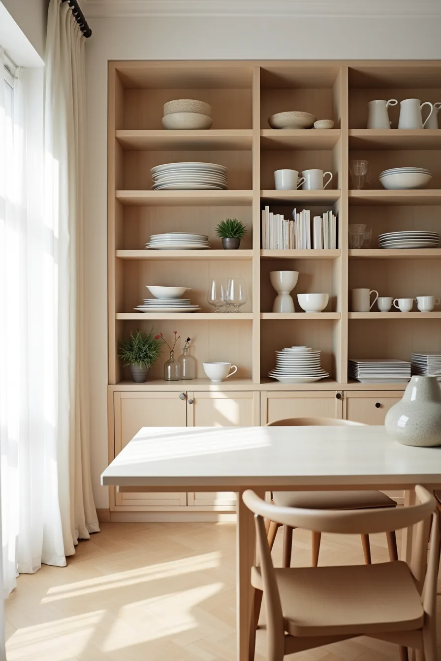Floor-to-ceiling shelving units on either side of a dining table displaying stacked dishes, glassware, and decorative items