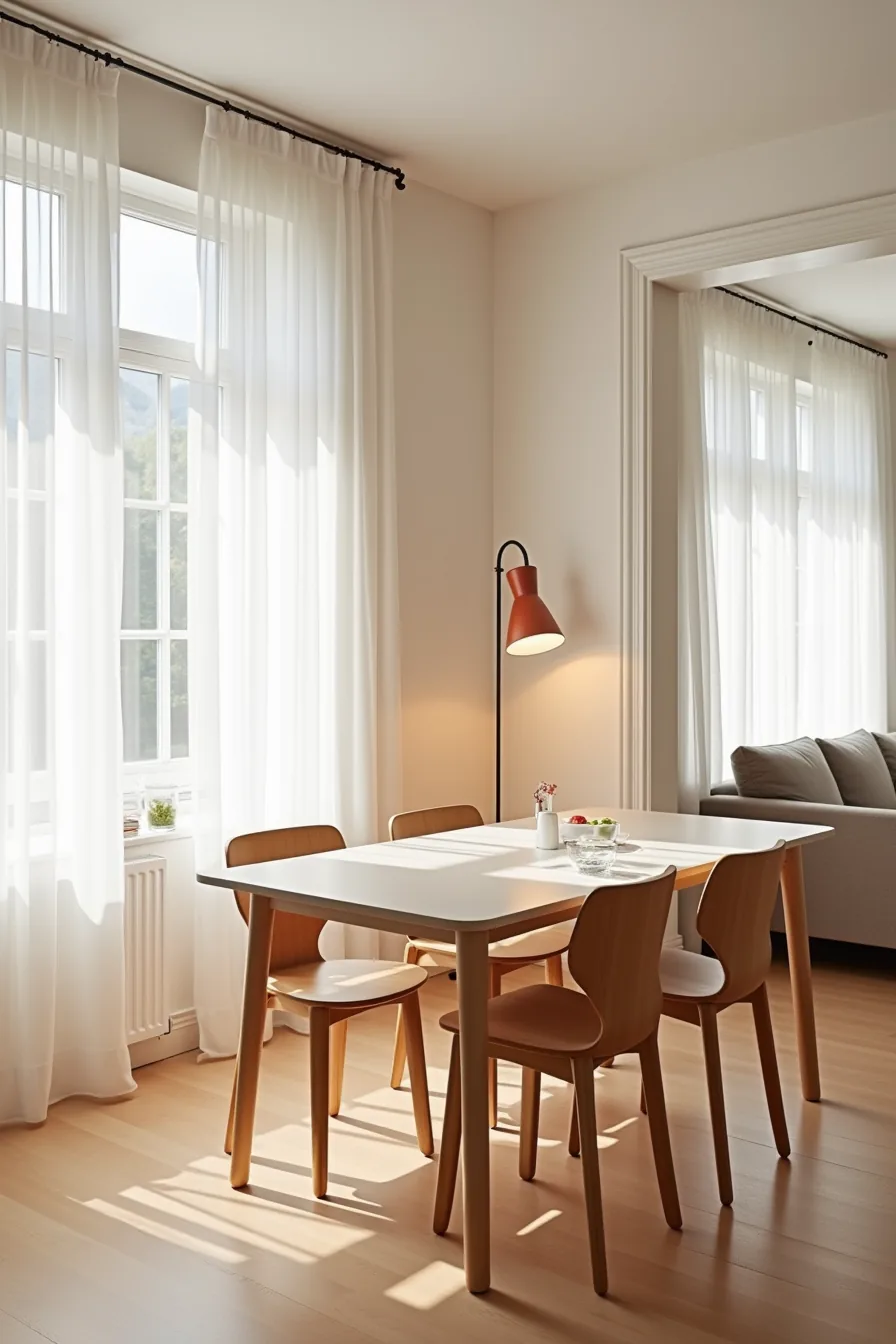 Angled view of a rectangular dining table with tucked chairs positioned in an open room with clear sightlines to a window