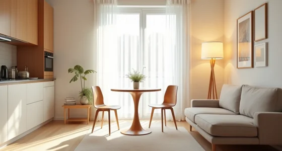 Overhead view showing a round pedestal table centered between a low sofa and kitchen counter with clear floor space and