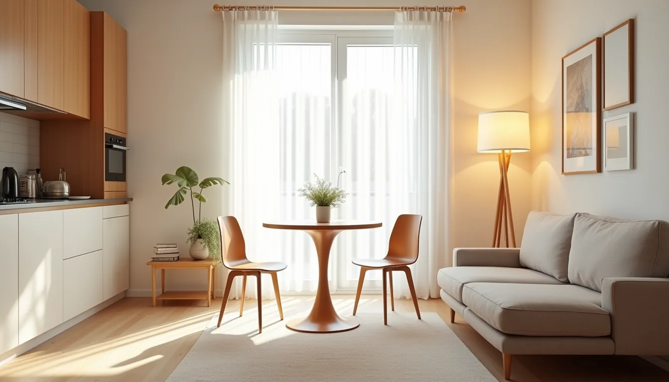Overhead view showing a round pedestal table centered between a low sofa and kitchen counter with clear floor space and