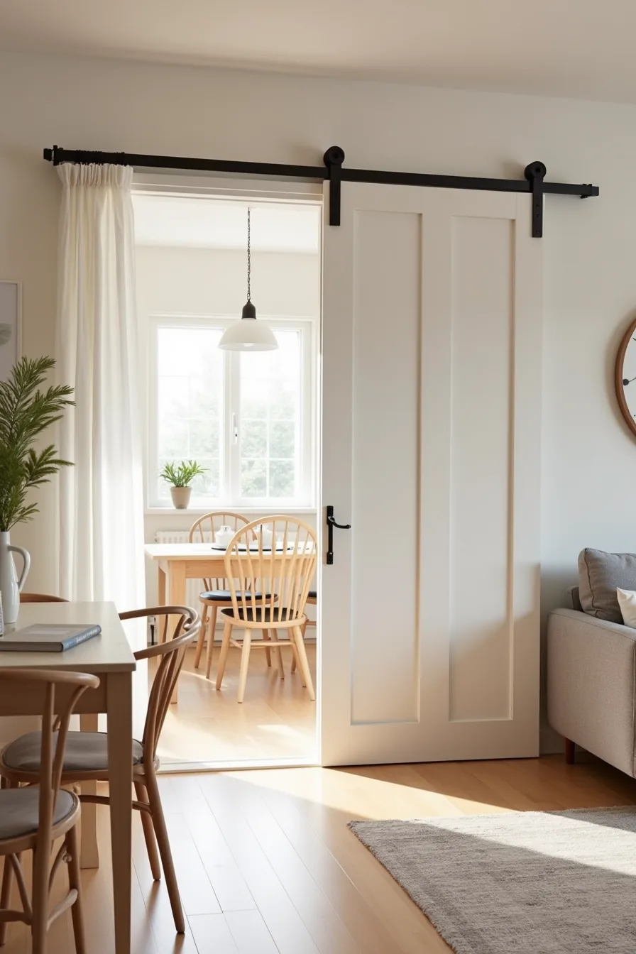 Sliding barn door partially closed between a dining table with chairs on one side and living room seating on the other.