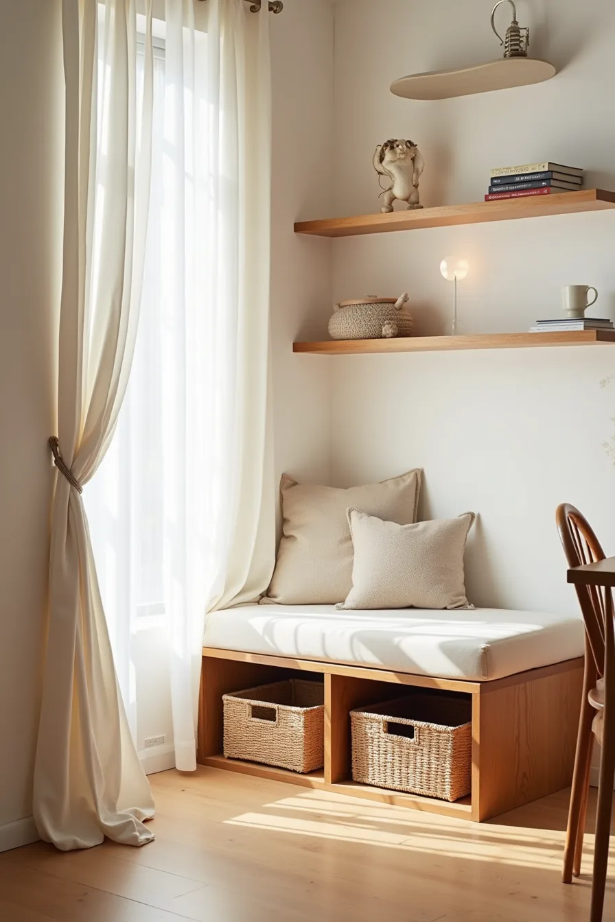 Low wooden storage bench with woven baskets beneath, flanked by open shelving above and dining chairs nearby.