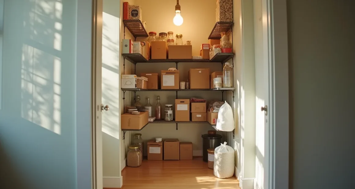 Cluttered narrow pantry with mismatched containers and boxes scattered on wire shelves under a bare overhead bulb.