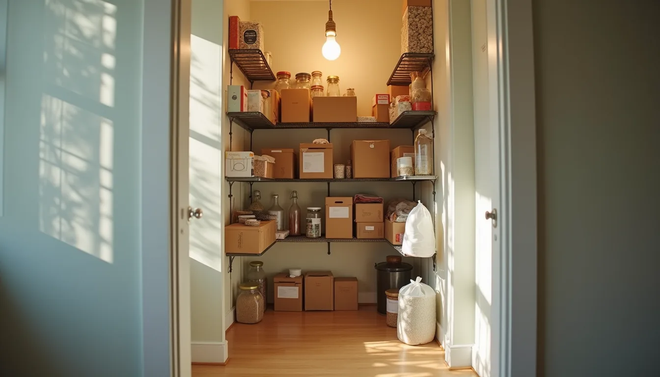 Cluttered narrow pantry with mismatched containers and boxes scattered on wire shelves under a bare overhead bulb.