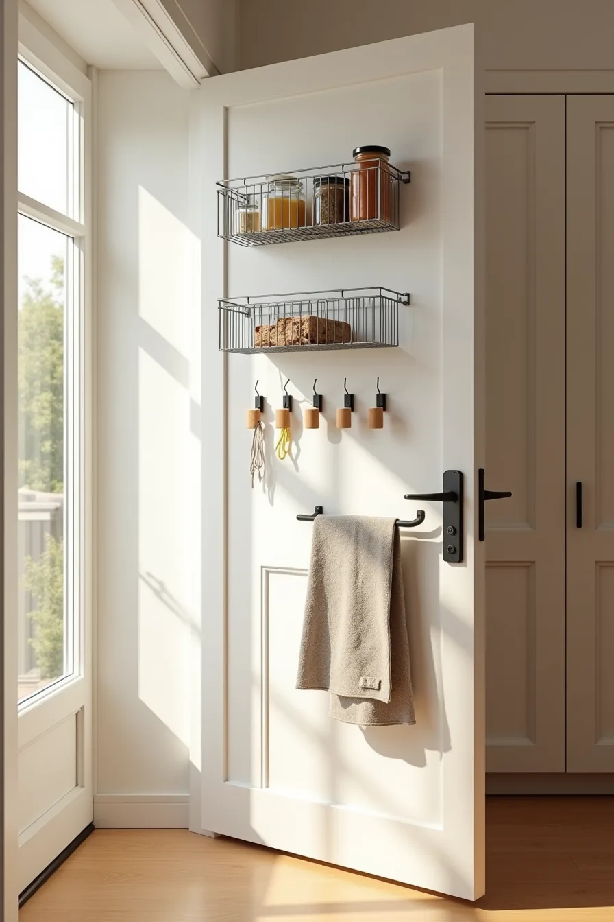Pantry door interior displays wire baskets and hooks holding small jars, a cloth tote, and kitchen towels.